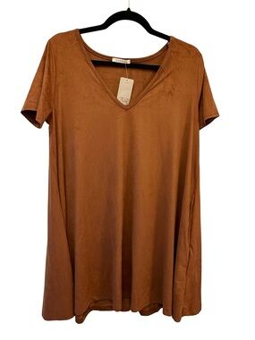 Cherish Brown Faux Suede Short Sleeve V-Neck Short Mini Dress Pullover Size L